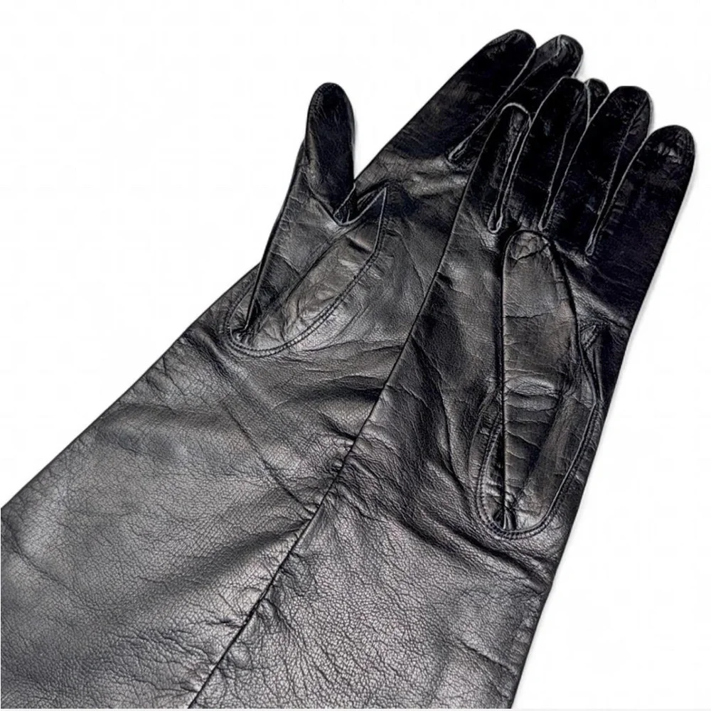 INSANE *** Vintage 50s NWT Black Leather & Silk Opera Gloves - made in France 🇫🇷 - Picture 6 of 8